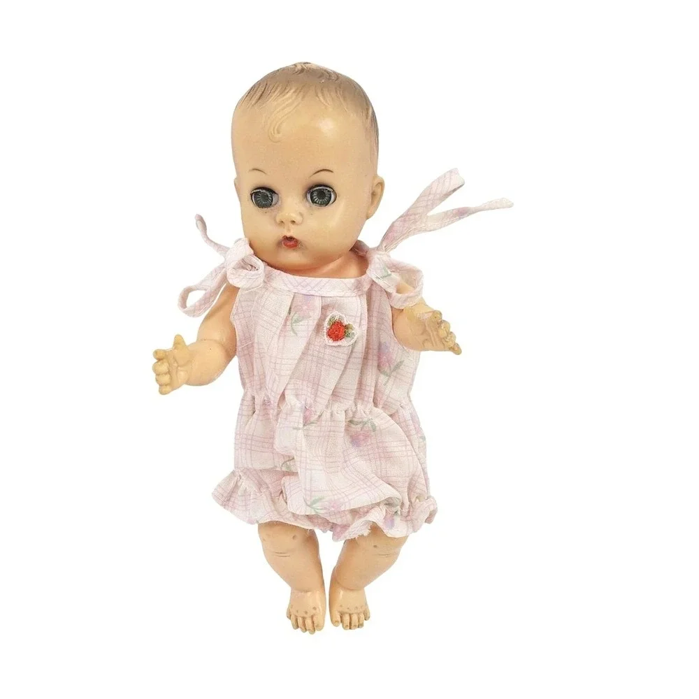 Vtg Rubber Drink & Wet Baby‎ Doll Sleep Eyes Pink Romper 8 Inch Mid Century